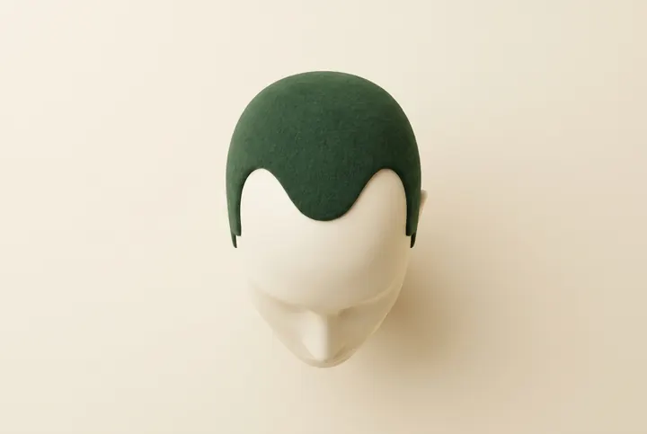 AI-generated illustration: a mannequin head seen from above, with receding temples