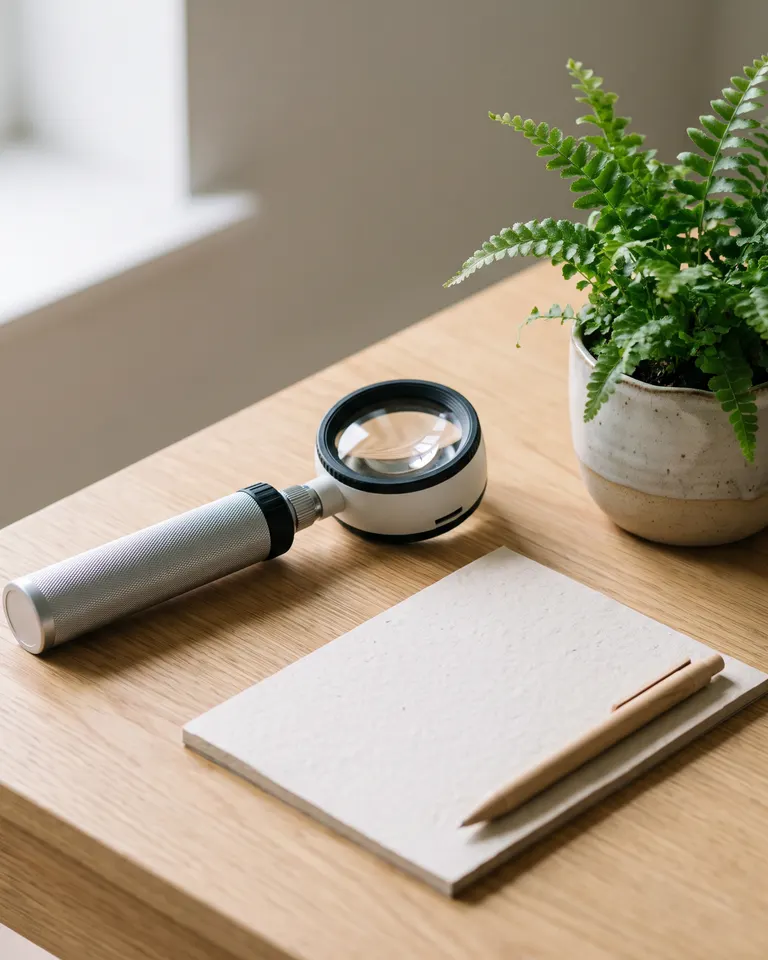 AI-generated illustration: a dermatoscope and notepad on a desk