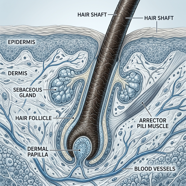 Microscopic view of hair follicle structure for thickness and density